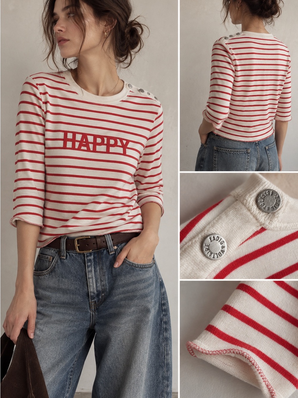 Zadig & Voltaire Red and White Striped 'HAPPY' Long Sleeve Top